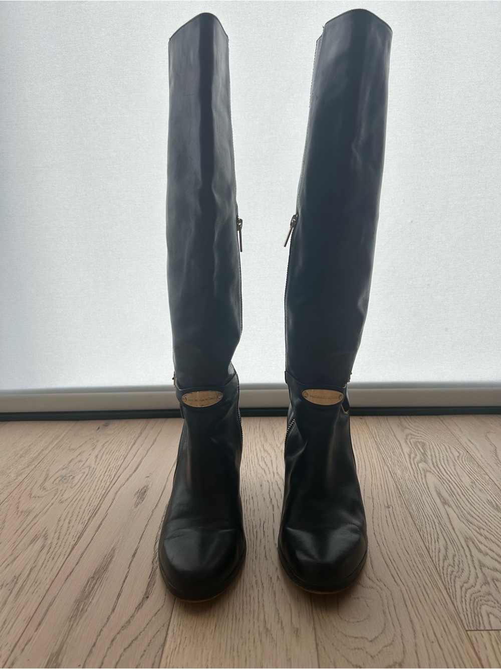 Michael Kors Black Leather Knee-High Buckle Heeled Boots - Picture 3 of 7